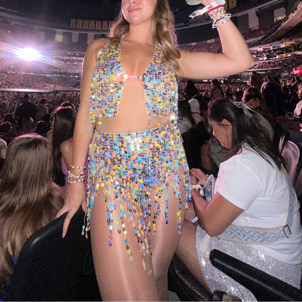 Nasty Gal Sequined Coloured Fringe Halter Waistcoat Top size 10 & Hot Pant 6